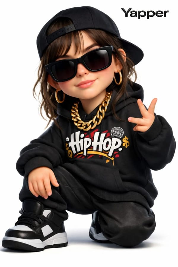 Create a 3D cartoon-style woman with a rap style (the face is inspired by the reference image). She… prompt example