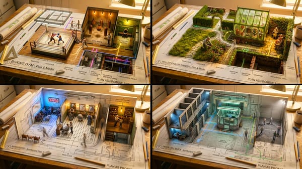 An architectural floor plan of a [LOCATION] spread across a drafting table, with the spaces rising… prompt example