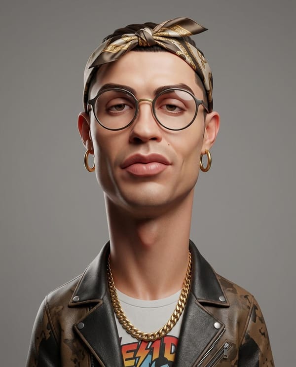 Create an exaggerated stylized 3D caricature character portrait with strong intentional deforma…