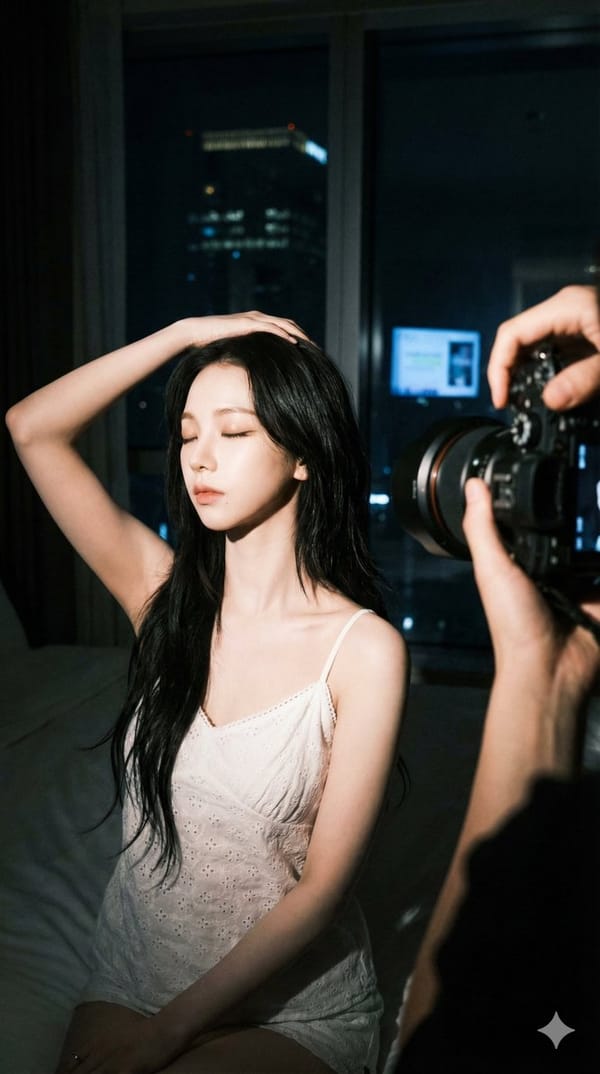 Behind-the-scenes indoor photography at night, high-contrast. The subject is Karina from aespa, fea… prompt example