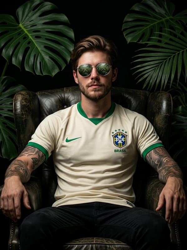 Cinematic portrait of a confident football player sitting on a dark armchair, tropical jungle leave… prompt example