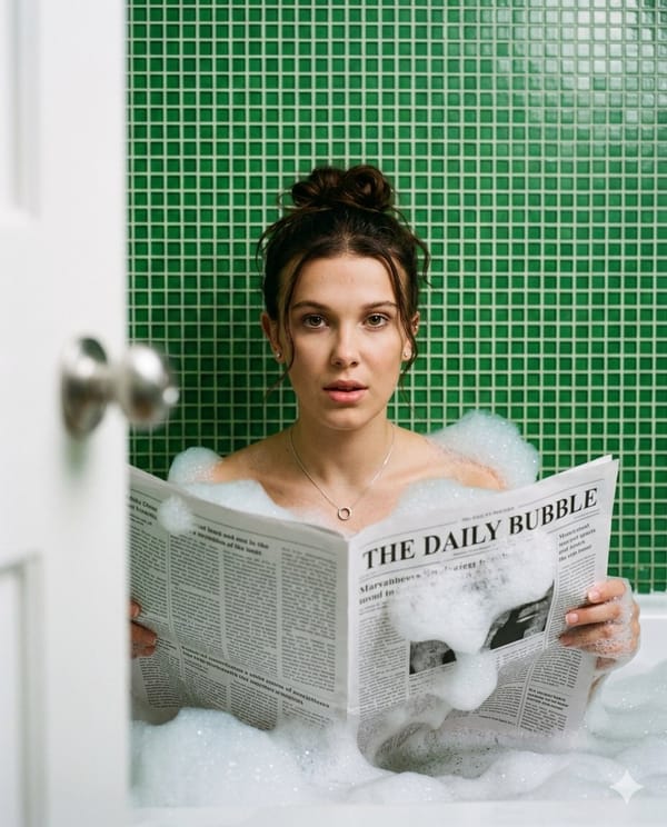A young blonde Hollywood actress, similar to Sydney Sweeney, appears inside a bathtub filled with f… prompt example