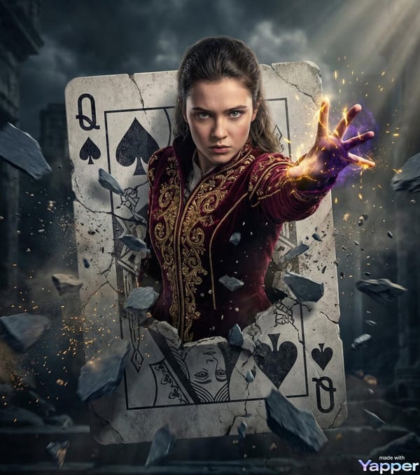 Make a hyper-realistic cinematic movie poster of a powerful young female sorcerer bursting through… prompt example