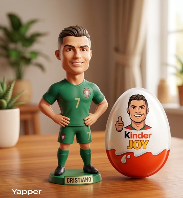 A cute stylized 3D collectible figurine inspired by Cristiano Ronaldo, with short styled hair a…