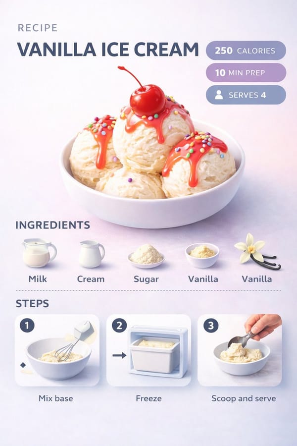 Ultra-clean modern recipe infographic. Showcase Vanilla Ice Cream Scoops with syrup and toppings in… prompt example