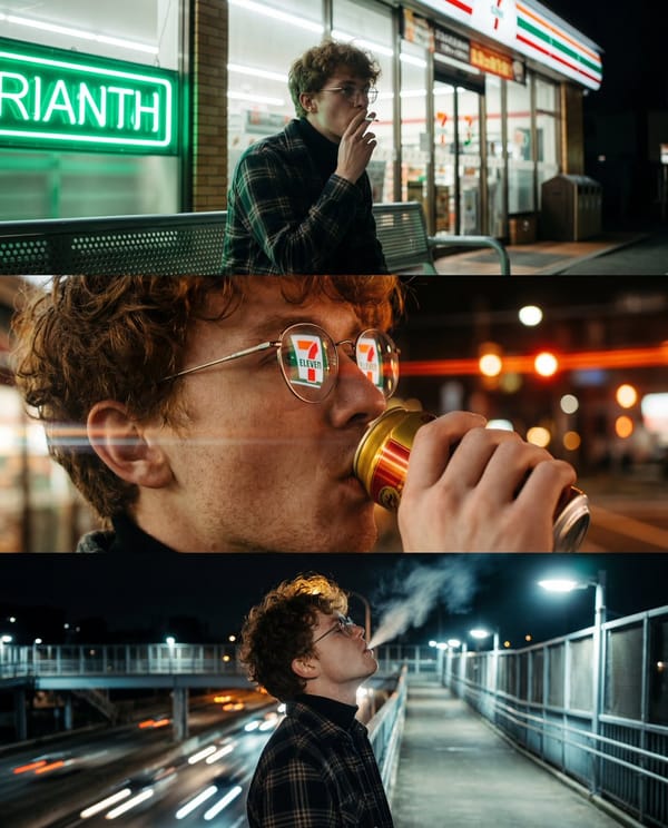 A vertical triptych of three cinematic, night-time urban photographs featuring a young man with mes… prompt example