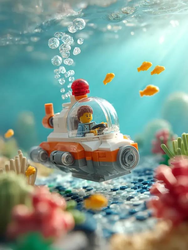 Surrounding the submarine are multiple small bright yellow LEGO fish swimming at different dept…