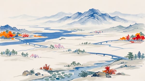 使用以 #f6f4f0 为主背景，#2d6dc3 为主蓝色，同时也包含一些橙色元素，制作了一张山水远景风景画。 prompt example