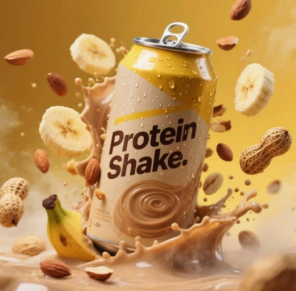 Hyper-realistic product advertisement of a protein shake can with yellow and cream design, surround… prompt example