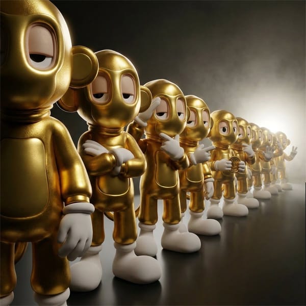 A detailed, collectible-style 3D render of a linear procession of twelve identical figures, viewed… prompt example