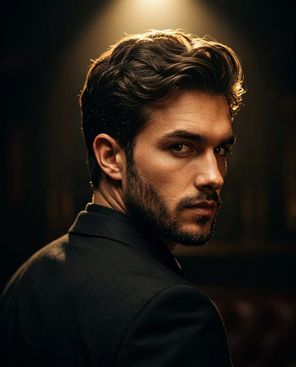 Ultra-realistic cinematic portrait of a stylish man in a black suit, captured from behind with…