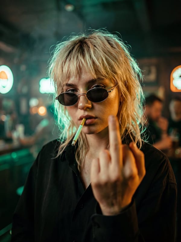 A high-intensity, cinematic close-up portrait of a defiant young woman with messy, bleach-blond…