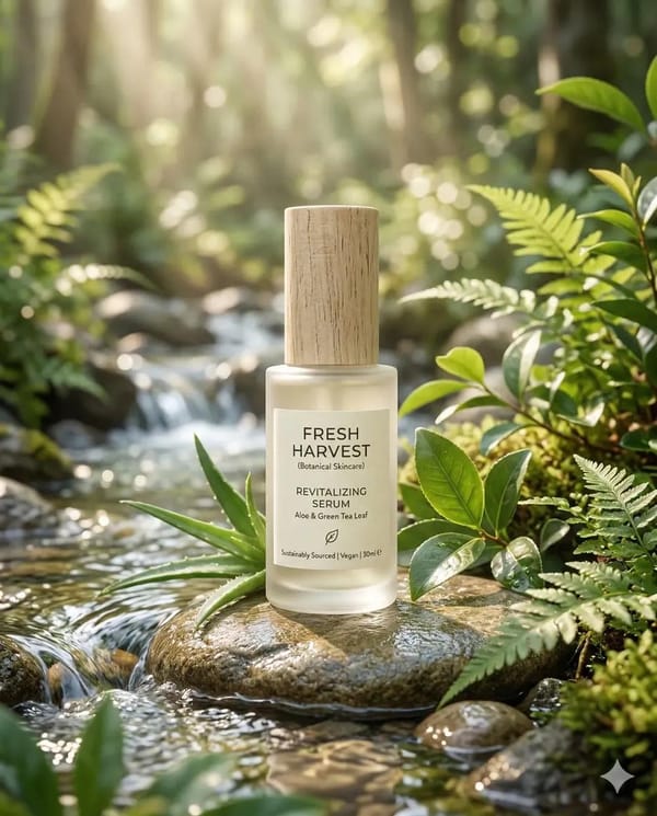 Eco-Friendly Skincare Product “Minimalist skincare bottle made of frosted glass, placed in a serene… prompt example