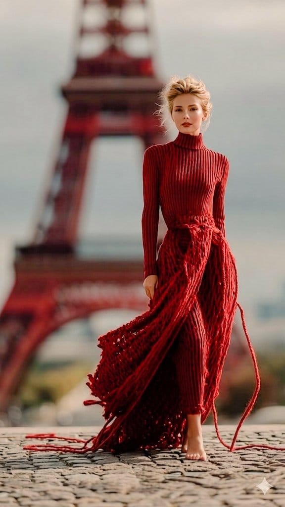 The Eiffel Tower is wrapped in an unreal, surreal layer of vibrant red yarn, as if Paris has been s… prompt example