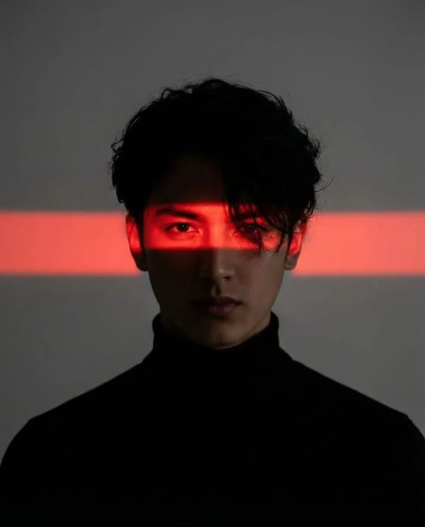 Cinematic studio portrait of a young man with messy textured hair, wearing a black turtleneck, cent… prompt example