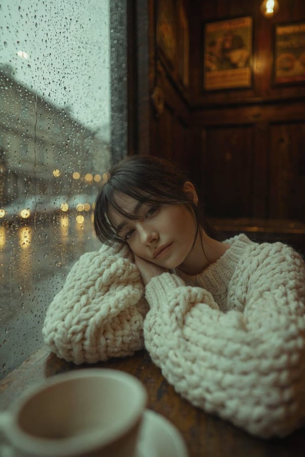 A cinematic, high-resolution portrait of a young woman with dark hair and soft bangs, leaning h…