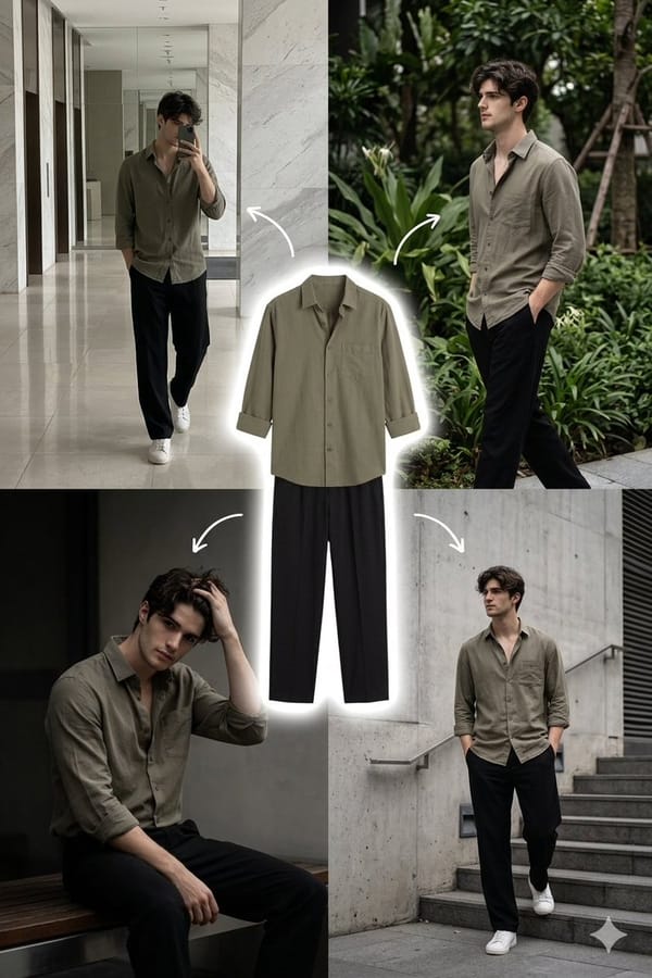 A stylish young man with medium-length wavy dark hair and a clean face, wearing a muted olive g…