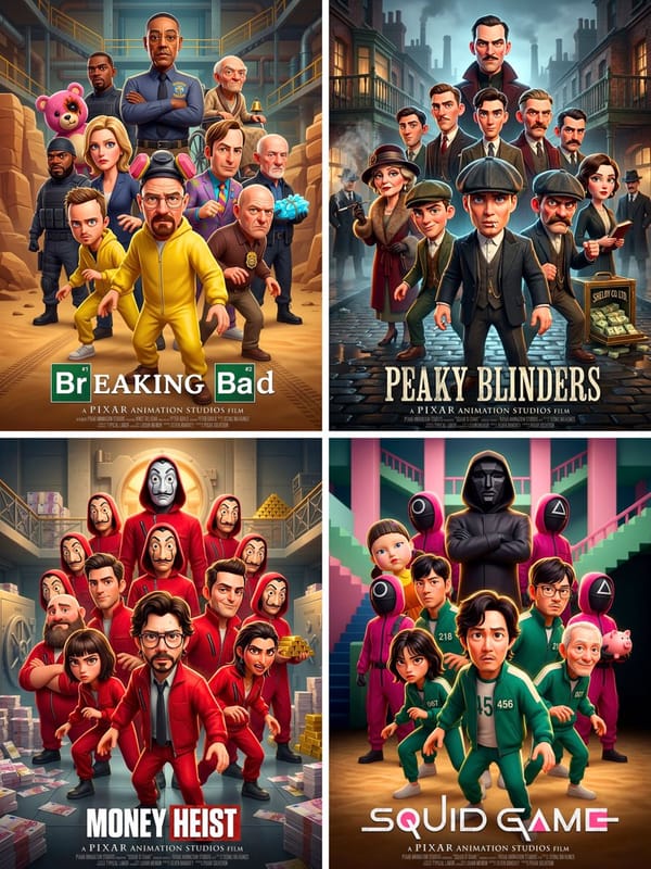 Pixar 3D CGI animated movie poster style, ensemble cast featuring the most iconic and recognizable… prompt example