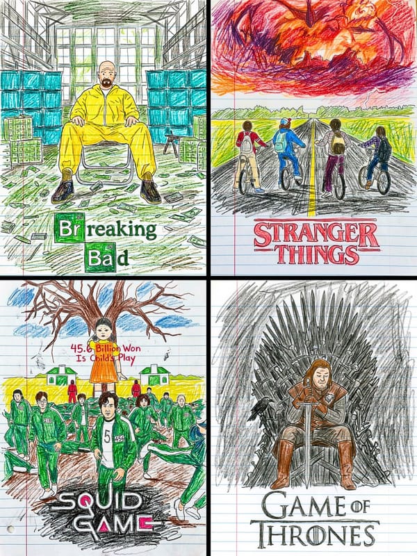 Transform this movie poster into a child’s crayon drawing on lined notebook paper. Every compos…