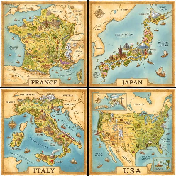 A hand-painted isometric bird’s-eye view illustration of [COUNTRY] in a vintage map style, featurin… prompt example