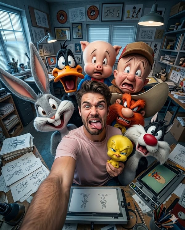 Ultra-realistic 4:5 vertical format ultra wide angle 13mm selfie of me with Bugs Bunny, Daffy Duck,… prompt example