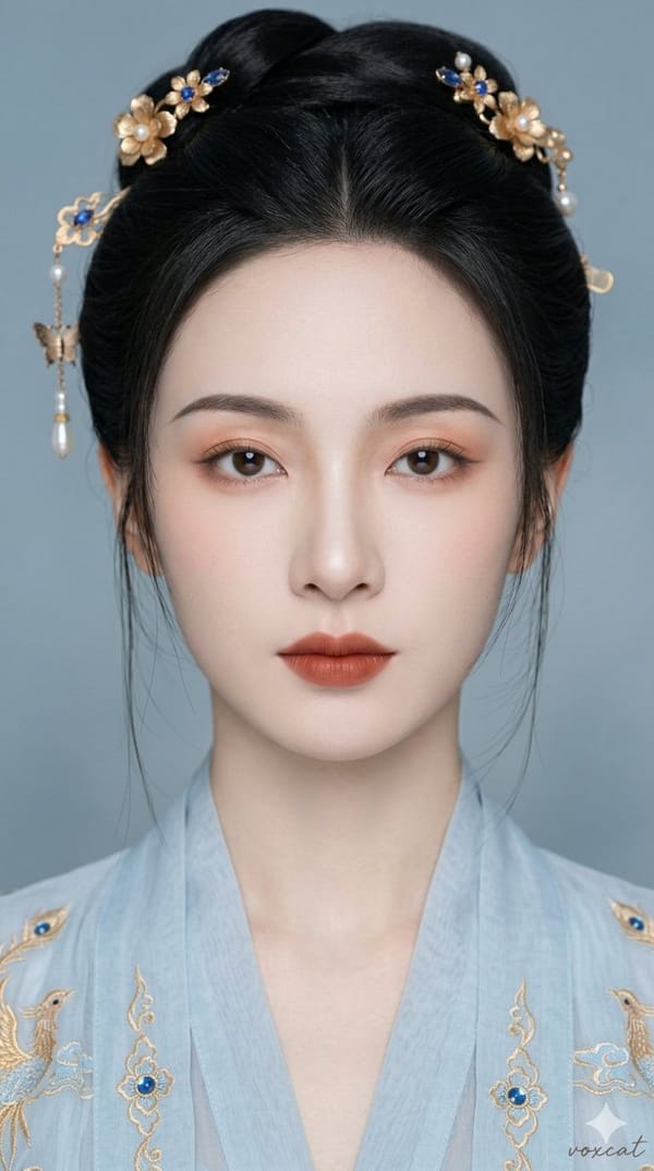 东方古风清雅女性正面肖像，超近景贴脸特写，人物正面面对镜头，头部端正，视线直视镜头，脸部几乎充满画面，构图集中，双眼位于视觉中心，整体呈现强烈的人脸主导感。 prompt example