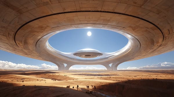 Prompt on Midjourney : A breathtaking desert megastructure stands alone beneath a blazing white sun… prompt example