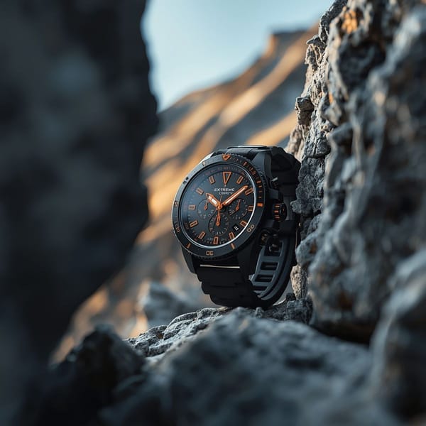 A rugged, matte-black chronograph watch with bold orange accents is tightly framed between two…