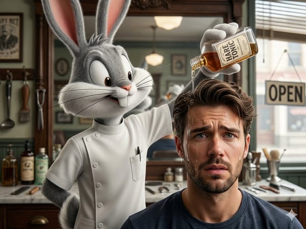 Cinematic 8k hyper-realistic close-up shot. A 3D realistic Bugs Bunny, faithful to his classic desi… prompt example