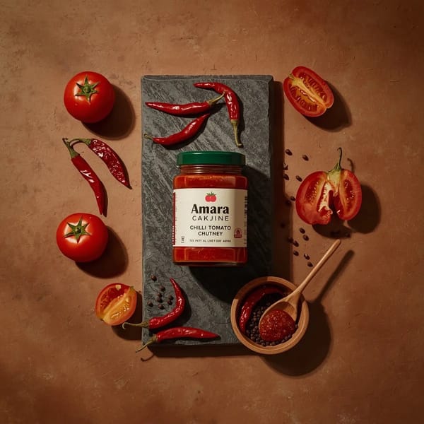 Top-down premium food photography of a glass jar of chili tomato chutney placed on a dark stone sla… prompt example