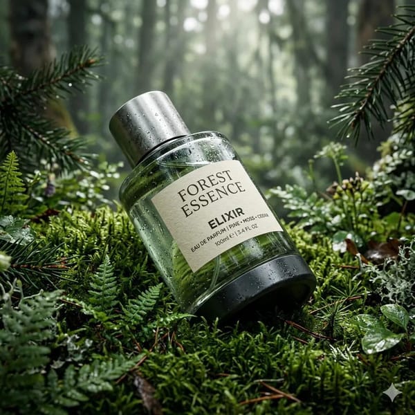 Ultra-realistic premium fragrance product shot of a perfume bottle (Forest Essence Elixir), positio… prompt example