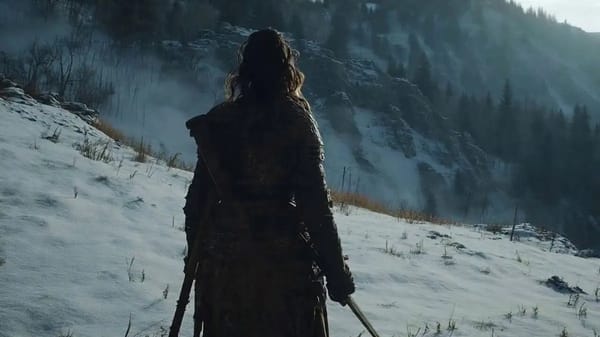 SUBJECTS: A lone sword-bearing woman in weathered fur and leather fights a massive polar bear with… prompt example