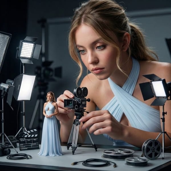 A hyper-realistic cinematic scene of a giant woman filmmaker carefully adjusting a miniature vintag… prompt example