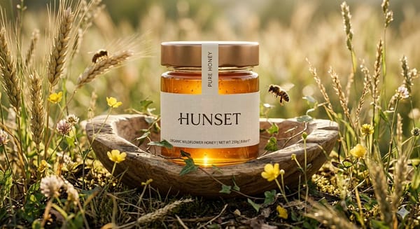 Ultra-realistic cinematic product shot of a premium honey jar placed inside a shallow wooden ho…