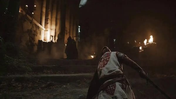 SUBJECTS: A young warrior in worn steel and dark travel cloth fights a towering shadow knight with… prompt example