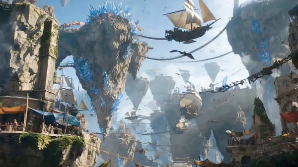 A daring aerial rogue diving on a bio-mechanical glider through a chaotic floating-island bazaar, w… prompt example