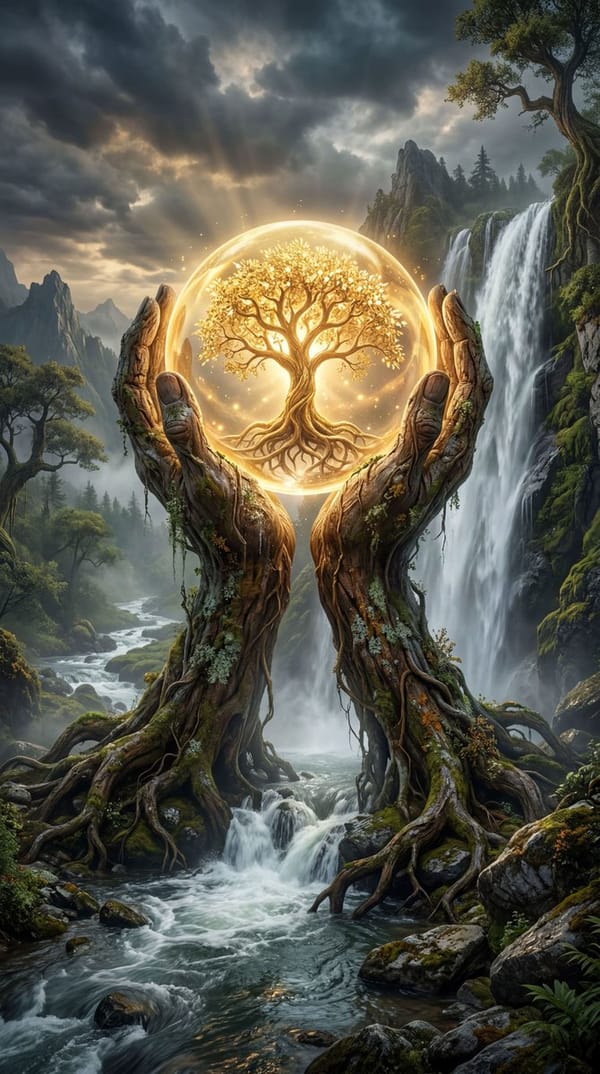 A majestic, ancient gnarled tree with thick, twisting roots sits at the center of a lush, mystical… prompt example