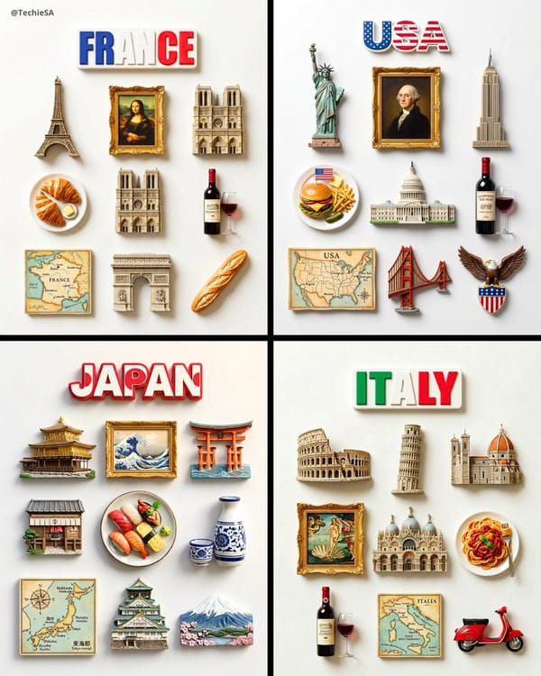 A flat-lay collection of exactly 9 hyper-realistic 3D resin fridge magnets arranged on a plain matt… prompt example