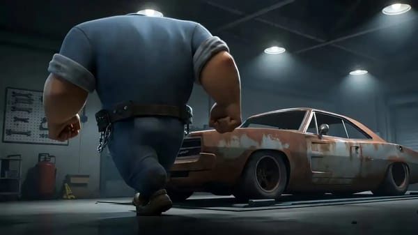 Stylized 3D animation with exaggerated proportions, sharp martial-arts-inspired choreography, and c… prompt example