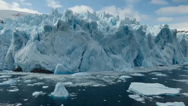 A giant glacier wall collapses into a fjord beside a coastal city. prompt preview