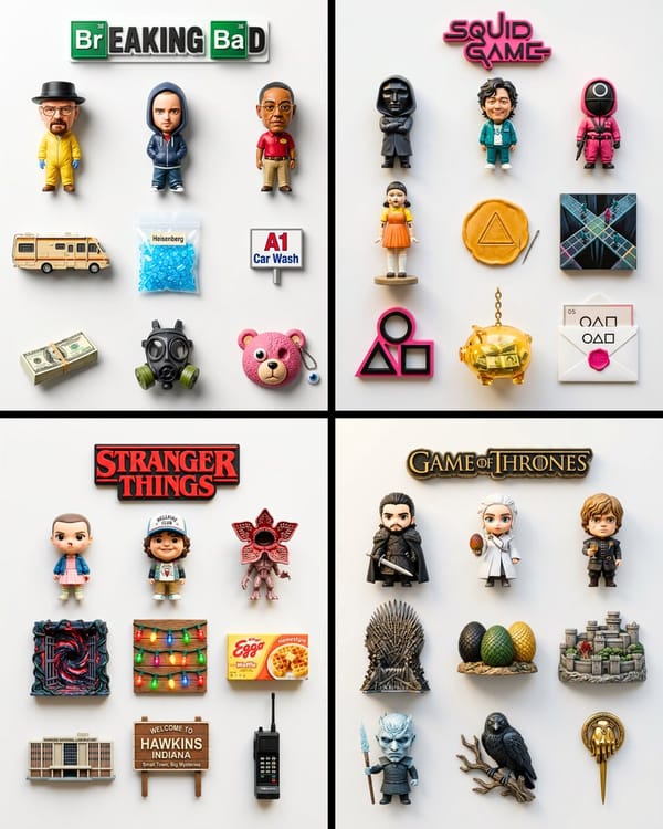 A flat-lay collection of exactly 9 hyper-realistic 3D resin fridge magnets arranged on a plain matt… prompt example