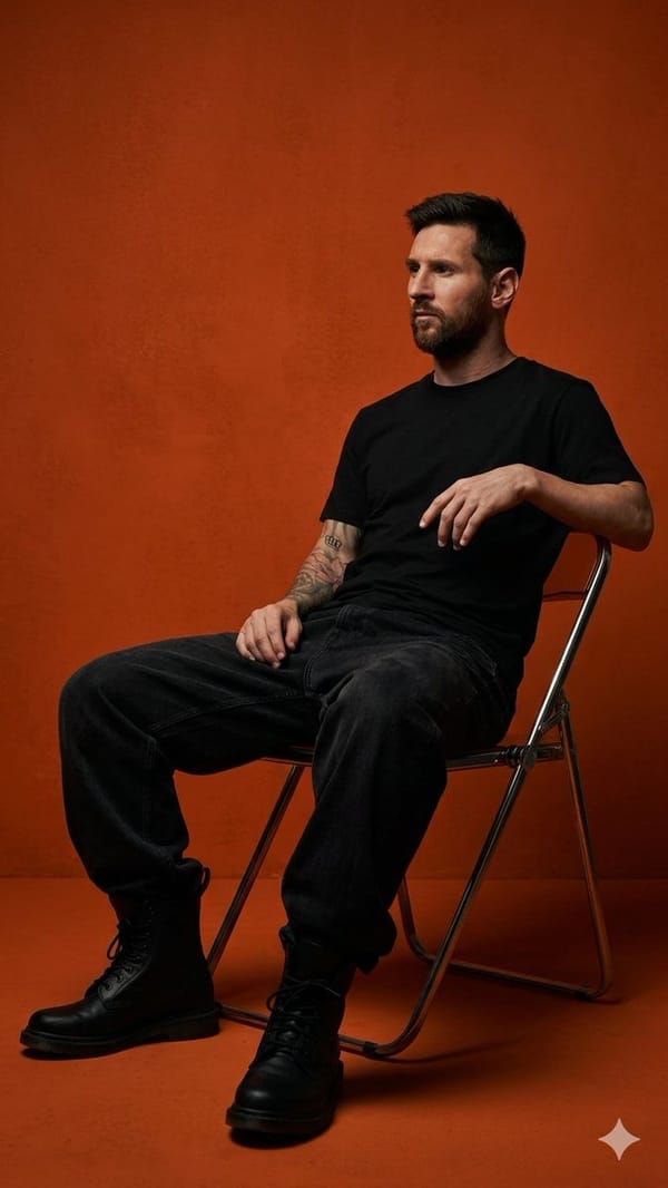 Use model (the person in the image) you create a dark orange studio photo featuring a young man sit… prompt example