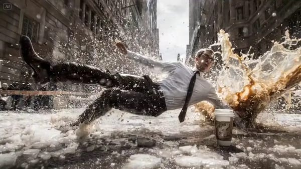 Bullet time effect. A businessman in white shirt and black tie slipping and falling backwards on ic… prompt example