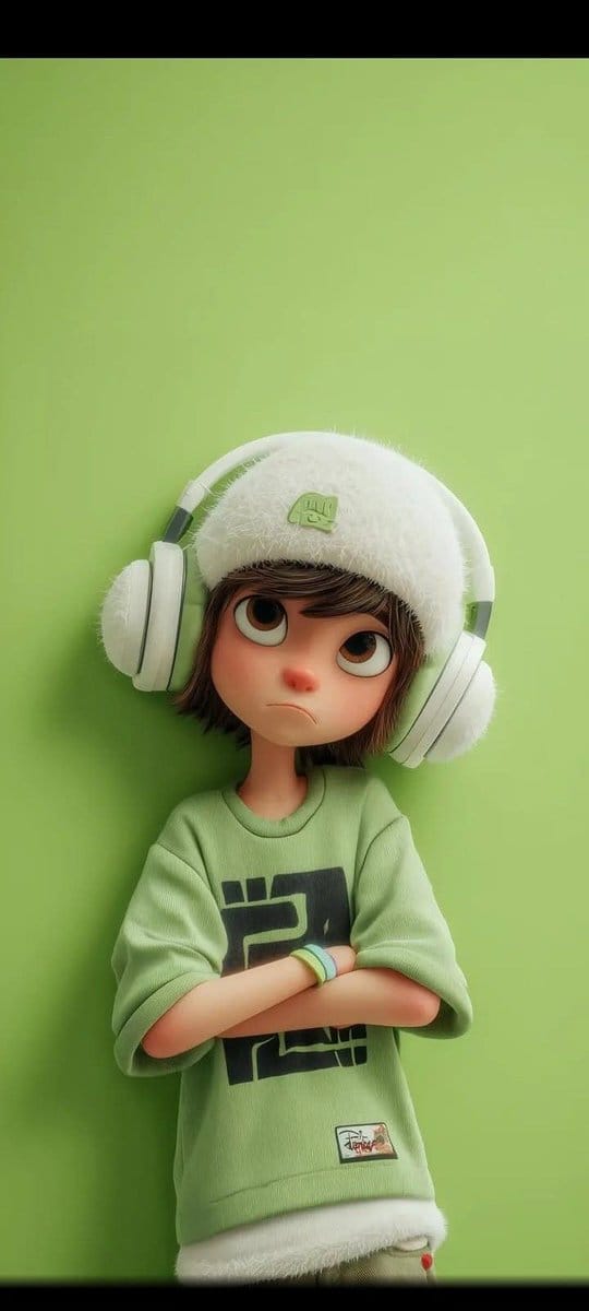 A stylized 3D cartoon character of a young boy with big expressive eyes and a slightly sad, pouty e… prompt example
