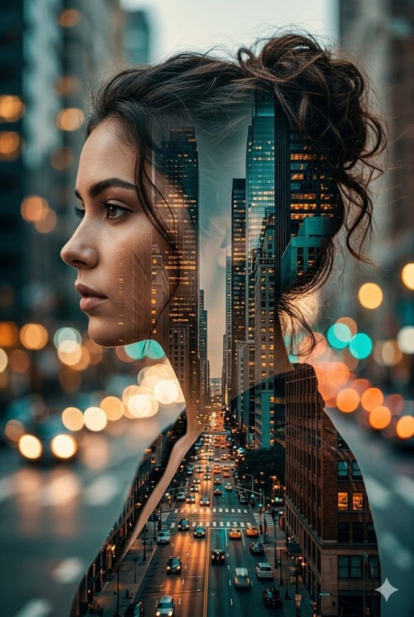 A cinematic double exposure portrait of a young woman hollywood actress in profile, her hair in a m… prompt example
