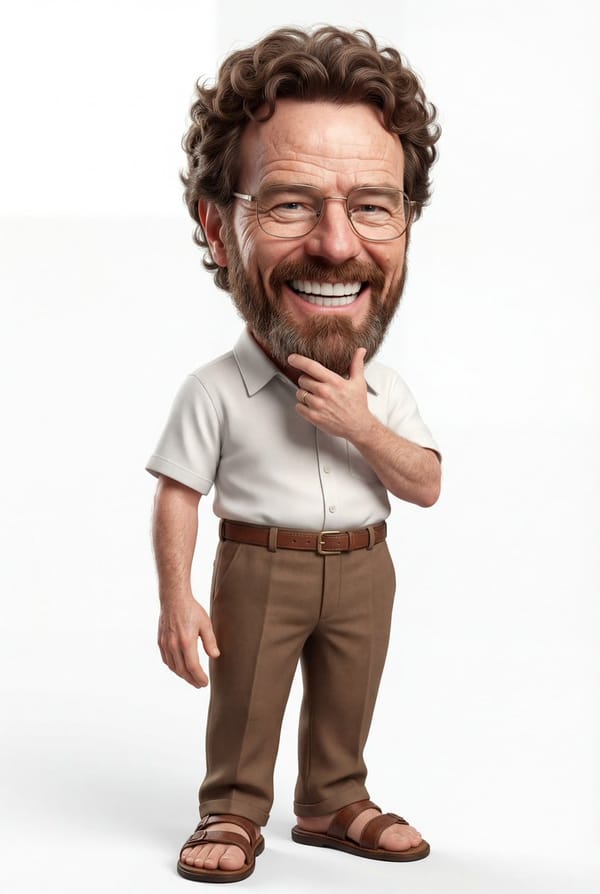 A highly detailed 3D caricature of a cheerful man with an oversized head, a big smile showcasing la… prompt example