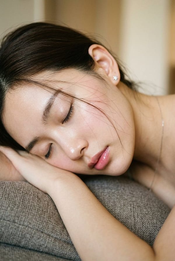 Extreme close-up profile portrait of a young woman resting. prompt example