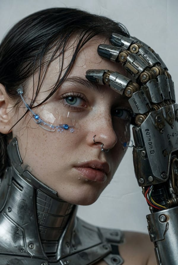 A hyper-realistic, cinematic extreme close-up portrait of a young woman with fair, freckled ski…