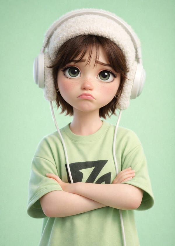 A stylized 3D cartoon character of a [PERSON] with big expressive eyes and a slightly sad, pouty ex… prompt example