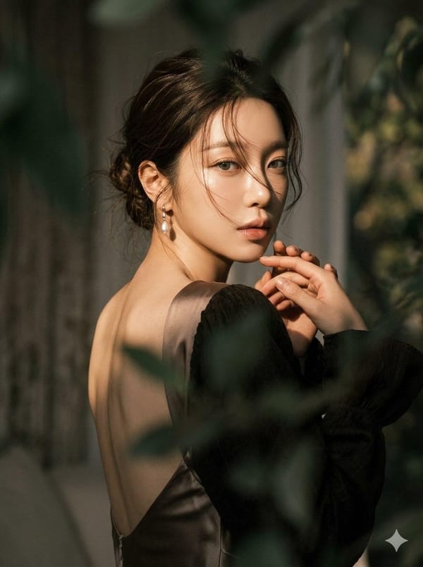 Create a moody, ethereal cinematic portrait of a woman with a dramatic over-the-shoulder pose.…